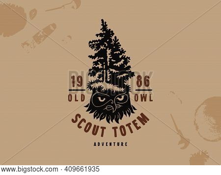 Stock Vector Owl Head And Forest Linocut. Graphic Design For Badges, Logo, T-shirt. Print In Hand-dr