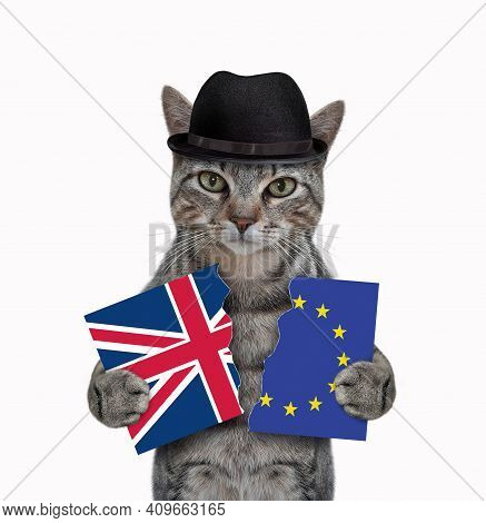 A Gray Cat Holds A Banner Torn In Half. One Part Is A Flag Of Great Britain And The Second Is A Flag