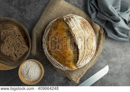 Sourdough Bread. Traditional Rustic Homemade Bread, Top View