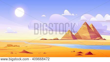 Egyptian Desert With River And Pyramids. Vector Cartoon Illustration Of Landscape With Yellow Sand D