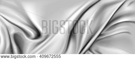 Abstract Background With Silk Cloth Texture, Shiny Satin Fabric With Waves And Drapery. Vector Reali