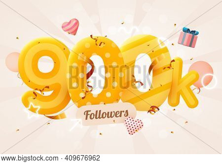900k Or 900000 Followers Thank You Pink Heart, Golden Confetti And Neon Signs. Social Network Friend