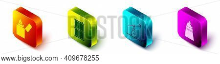 Set Isometric Lighter, Barrel Oil, Oil Pump Or Pump Jack And Oil Rig With Fire Icon. Vector
