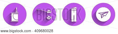 Set Electronic Cigarette, Heroin In A Spoon, Lighter And Messenger Icon With Long Shadow. Vector