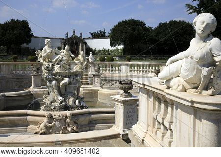 Lainate (mi), Italy - June 16, 2018: Villa Litta Borromeo Visconti Fountain Detail, Lainate, Milan, 