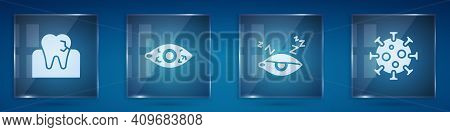 Set Tooth With Caries, Reddish Eye, Insomnia And Virus. Square Glass Panels. Vector