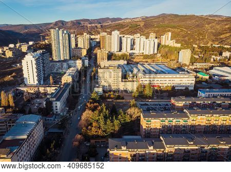 Aerial View Of High Buildings In Saburtalo District In Tbilisi, Georgia. Property Real Estate Banner