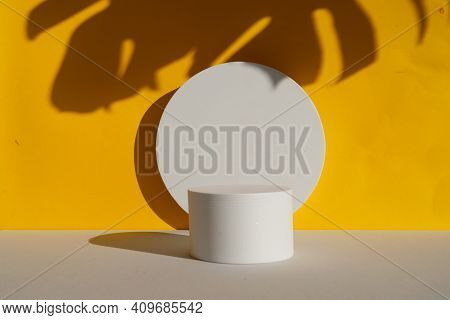 Minimal Modern Product Display Podium On Textured Gray And Illuminating Yellow Background With Moste