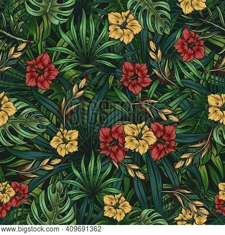 Tropical Floral Colorful Seamless Pattern With Beautiful Hibiscus Flowers Green Palm And Monstera Le