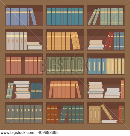 Brown Bookcase Filled With Various Books : Textbooks, Novels, Scientific Literature. Education Or Bo