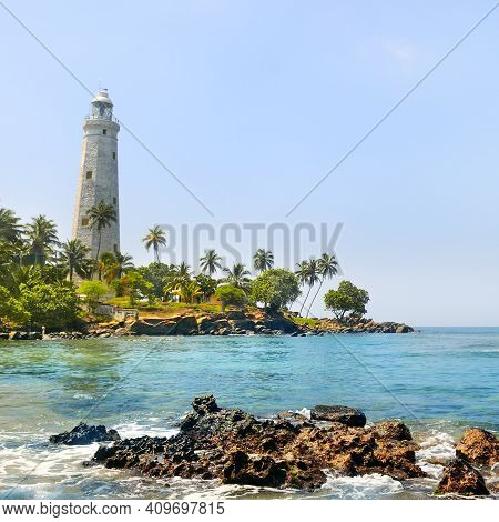 White Lighthouse Dondra Head And Tropical Palms, Sri Lanka, Near Matara
