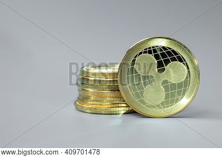 Golden Ripple (xrp) Cryptocurrency Coin Stack, Crypto Is Digital Money Within The Blockchain Network