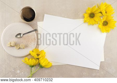 Empty White Wedding Or Greeting Card Mockup On Pink Vintage Table Background, Web Banner For Design 