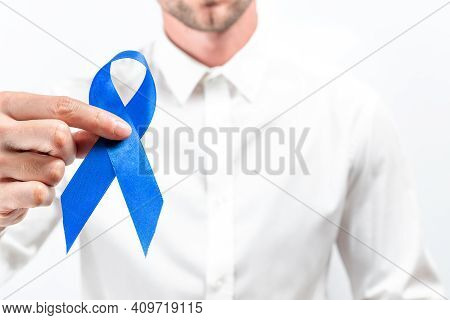 Prostate Care. Awareness Prostate Of Men Health In November. Hipster Men In Bright Shirt With Blue R