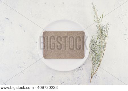 Empty Brown Blank Business Or Wedding Card Mockup On White Vintage Plate, Web Banner For Design, Gre