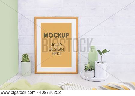 Empty Picture Mockup With Wooden Frame On White Brick Wall Background With Succulents Plants And Gre