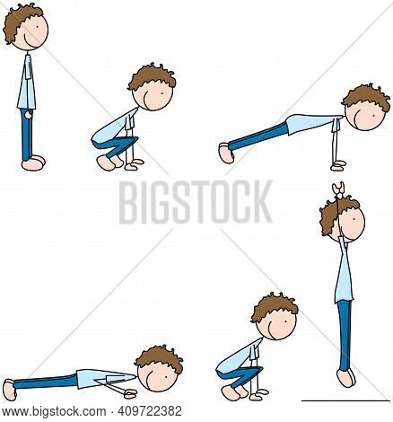 Cartoon Vector Illustration Of A Boy Exercising - Burpees