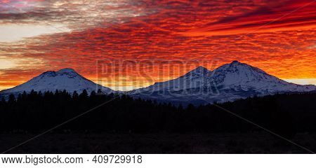 The View Of Mt Bachelor And The Three Sisters From Sisters Oregon During Sunset, Cascade Mountain Ra