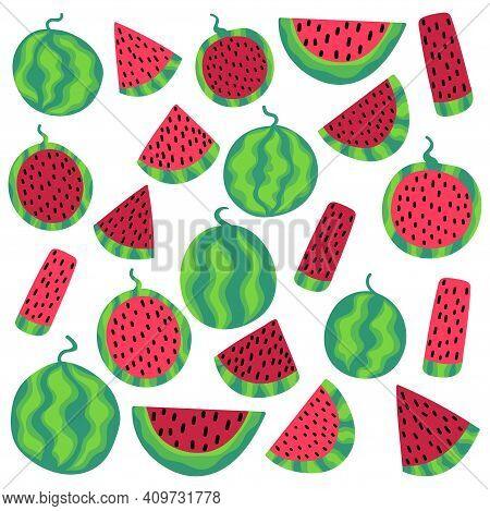 Watermelons Set Isolated On White Stock Vector Illustration. Funny Fruit Slices And Whole. Colorful 