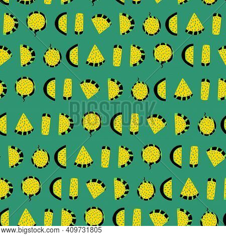 Yellow Fresh Watermelon Slices Seamless Pattern Vector. Funny Cartoon Green, Yellow, Black Motley Or