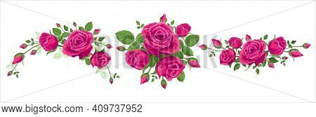 Set Of Bouquet Of Roses. Vector Illustration, 3 Bouquets Of Pink Roses On A White Background With Le