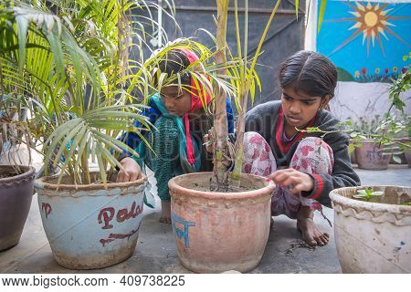 Rajasthan. India. 07-02-2018. Two Kids Are Playing With The Plants That Are Growing At School.