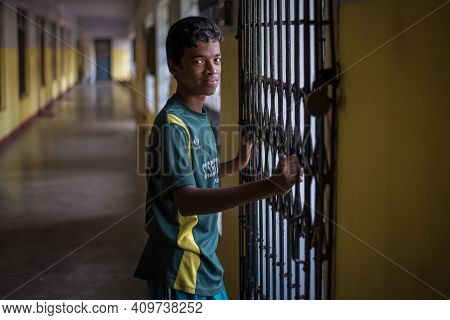Rajasthan. India. 07-02-2018. Portrait Of A Male Adolescent After Finishing His Lunch At School.