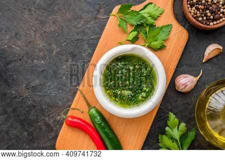 Chimichuri, Argentine Green Sauce For The Steaks With Fresh Parsley, Garlic, Olive Oil And Oregano I