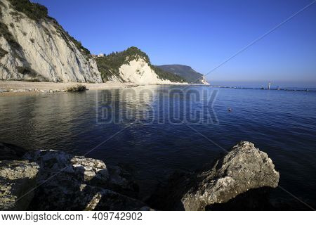 Numana (an), Italy - January 1, 2019: View From Numana Beach, Riviera Del Conero, Adriatic Sea, Numa