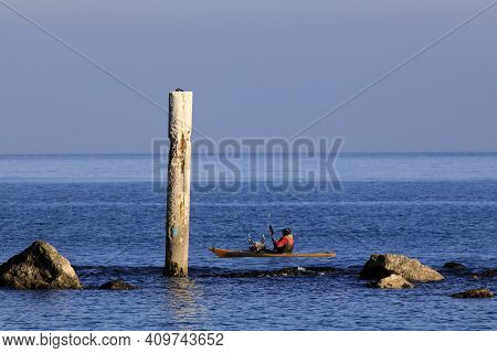 Numana (an), Italy - January 1, 2019:  Wooden Mooring At Numana Beach, Riviera Del Conero, Adriatic 