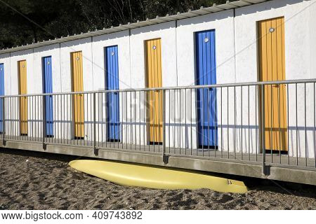 Numana (an), Italy - January 1, 2019: Colourful Cabins At  Numana Beach, Riviera Del Conero, Adriati