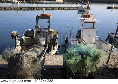 Numana (an), Italy - January 1, 2019: Fishing Boats At  Numana Port, Riviera Del Conero, Adriatic Se