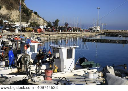 Numana (an), Italy - January 1, 2019: Fishing Boats At  Numana Port, Riviera Del Conero, Adriatic Se