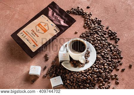 Tiraspol, Moldova - February 23, 2021: Sidamo Coffee Package From Ethiopia, 100% Arabica, Barista Co