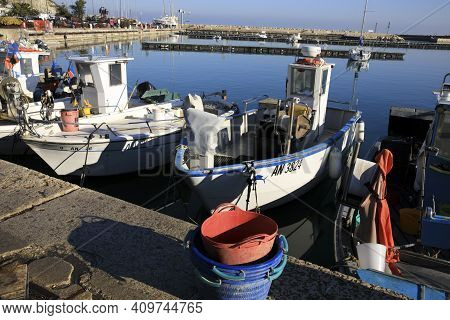 Numana (an), Italy - January 1, 2019: Fishing Boats At  Numana Port, Riviera Del Conero, Adriatic Se