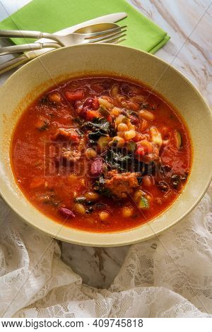 Hearty Italian Minestrone Soup With Cavatappi Pasta Sausage And Vegetables