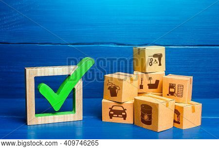 Boxes And Green Check Mark. Free Trade Area And Economic Preferences Agreement. Verification Of Impo