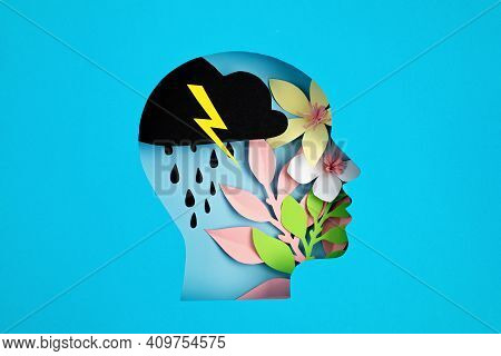Papercut Head, Adult Bipolar Disorder Concept. Mental Health Problems, Psychology, Mental Illness Id