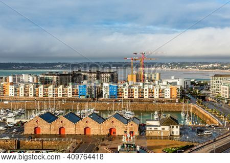 Saint Helier Capital City Panorama With Port And Marina In The Foreground, Bailiwick Of Jersey, Chan