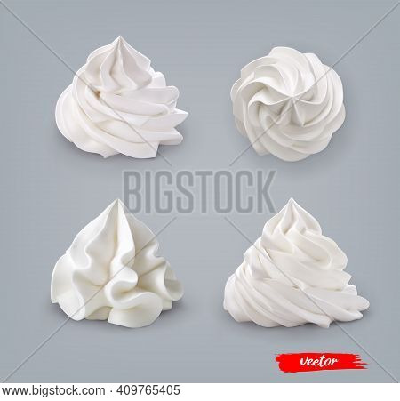 Set Of Whipped Cream Isolated On Blue Background. 3d Realistic Vector Illustration Of Whipped Cream.