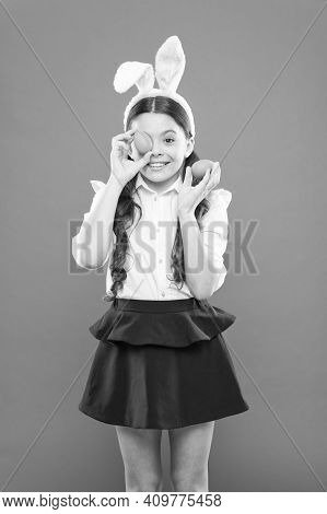 Easter Eggs. Happy Easter. Tradition Of Decorating Eggs Of All Kinds. Small Girl Bunny Ears. Kid On 