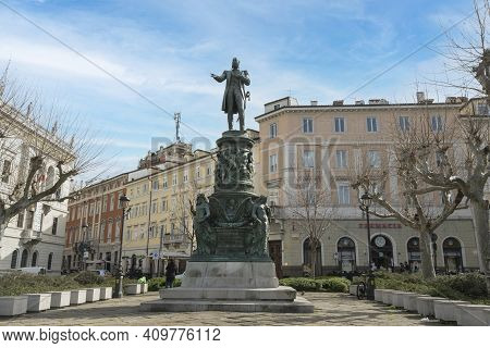 Trieste, Italy. 24 February 2921.  The  Monument To Maximilian Of Austria In Venice Square In The Ci