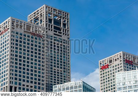 Beijing, China - April 27, 2010: Combination Of  White, Cubistic, Modern Highrise Office Buildings O