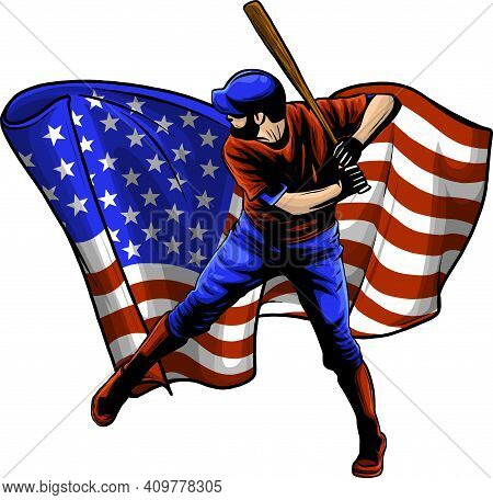 Baseball Player With American Flag Vector Illustration