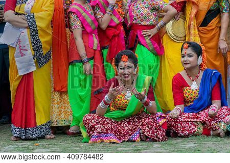 Kolkata, India - 21st March, 2019 : Young Lady Dancer Dressed In Sari, Traditional Indian Dress With