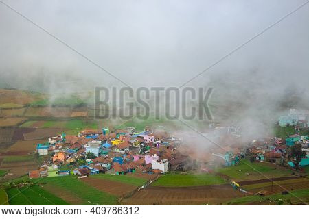 Poombarai Village View Over The Misty Clouds. Beautiful Poombarai Village Near Kodaikanal, Tamilnadu