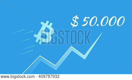 Bitcoin Btc Flies Towards 50000 Dollars On Blue Background. Upward Trend Arrow. Vector Illustration 