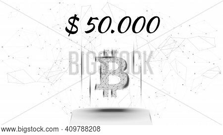 Bitcoin Btc Polygonal Cryptocurrency Token Symbol Priced At 50000 Dollars, Coin Icon On White Backgr