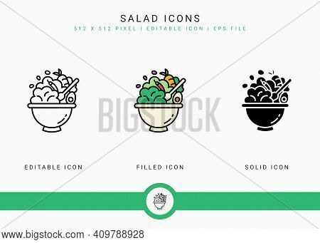 Salad Icons Set Vector Illustration With Solid Icon Line Style. Healthy Vegan Ingredients Concept. E