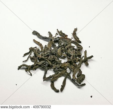 Green Tea Scattering Dry Leaves White Background